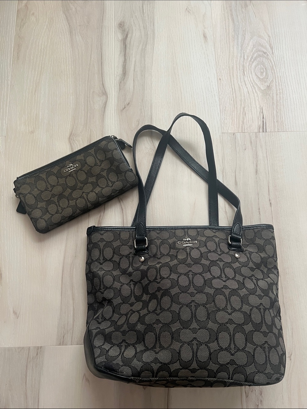 Coach Brown and Black Signature Tote with Matching Wristlet